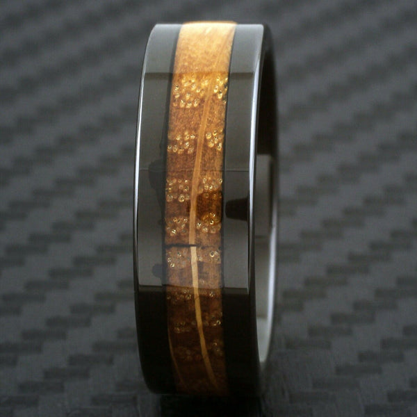 Elegant Polished Black Tungsten Flat Band Ring with Cool Whiskey Barrel Oak Wood Inlay.