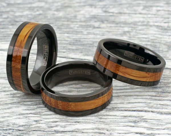 Elegant Polished Black Tungsten Flat Band Ring with Cool Whiskey Barrel Oak Wood Inlay.