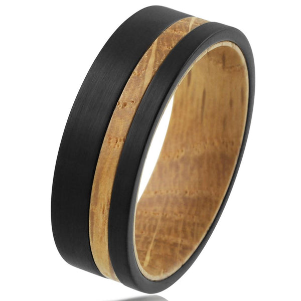 Beautiful Satin Finish Black Tungsten Flat Band Ring with Awesome Whiskey Barrel Oak Wood Off-Center Stripe and Matching Inner Band.