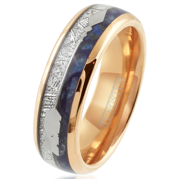 Dazzling Rose Gold Tungsten Low Dome Ring w/ Speckled Blue Lapis Lazuli, Faux Meteorite, and Silver Feathered Arrow Inlays.