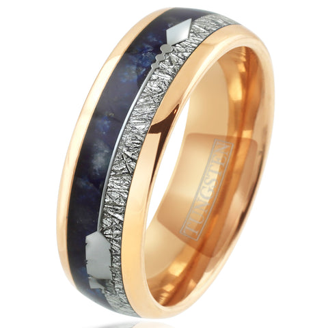Dazzling Rose Gold Tungsten Low Dome Ring w/ Speckled Blue Lapis Lazuli, Faux Meteorite, and Silver Feathered Arrow Inlays.