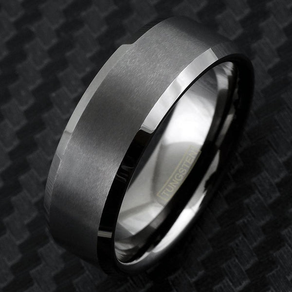 Amazing Brushed Finish Gunmetal Black-Gray Tungsten Flat Band Ring with Polished Beveled Edges.