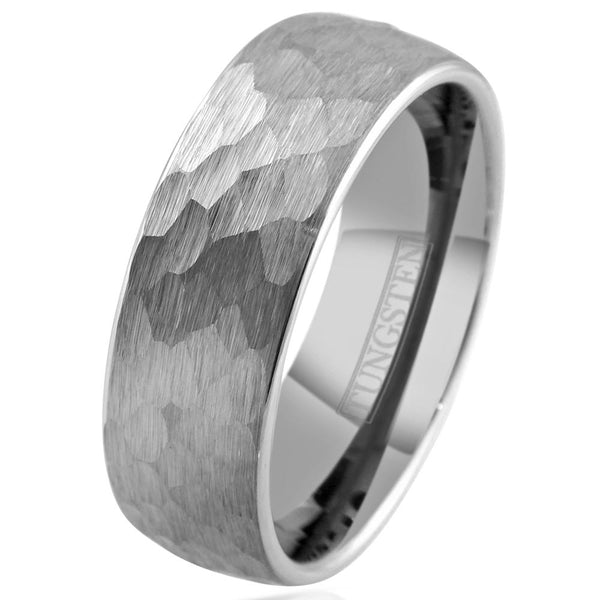 Stunning 8mm Brushed Hammered Finish Silver Tungsten Dome Style Band Ring.