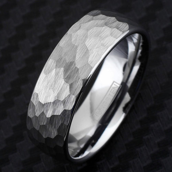 Stunning 8mm Brushed Hammered Finish Silver Tungsten Dome Style Band Ring.