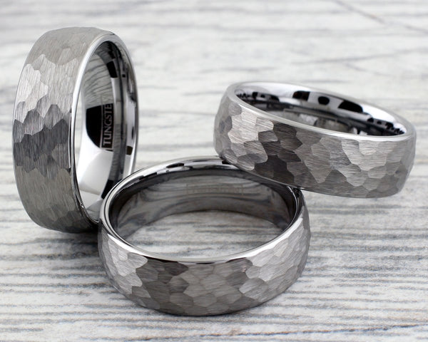 Stunning 8mm Brushed Hammered Finish Silver Tungsten Dome Style Band Ring.