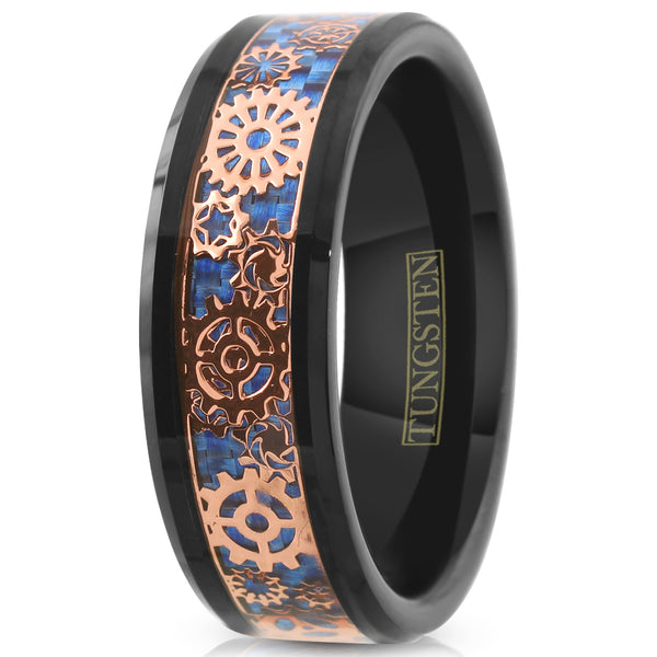Splendid Black Flat Band Tungsten Ring w/ Beveled Edges and Rose Gold Steampunk Clockwork Gears on Dazzling Royal Blue Faux Carbon Fiber Inlay.