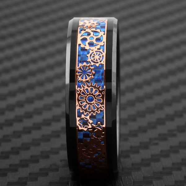 Splendid Black Flat Band Tungsten Ring w/ Beveled Edges and Rose Gold Steampunk Clockwork Gears on Dazzling Royal Blue Faux Carbon Fiber Inlay.