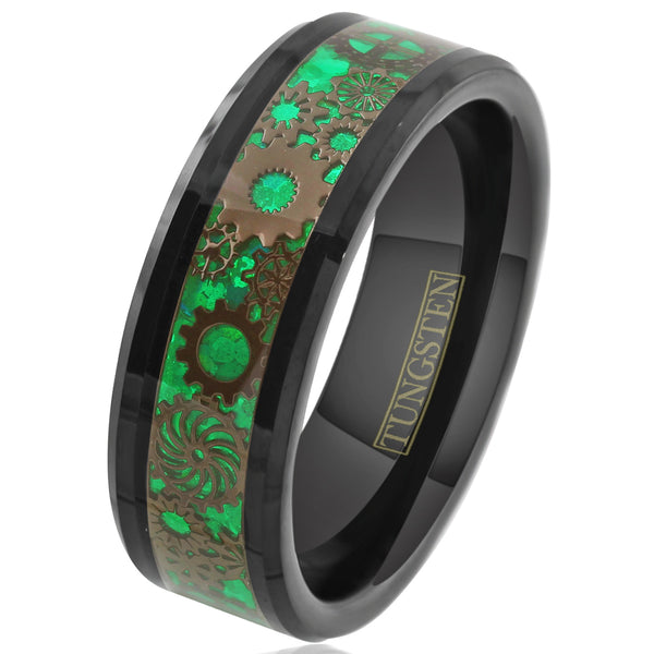 Resplendent Polished Black Flat Band Tungsten Ring w/ Beveled Edges and Black Steampunk Clockwork Gears on Radiant Kelly Green Faux Carbon Fiber Inlay.