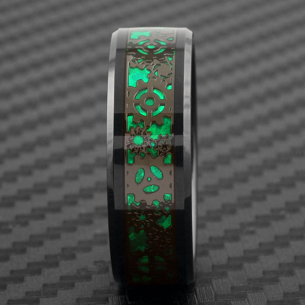 Resplendent Polished Black Flat Band Tungsten Ring w/ Beveled Edges and Black Steampunk Clockwork Gears on Radiant Kelly Green Faux Carbon Fiber Inlay.