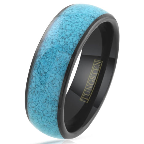 Lustrous Polished Black Tungsten Ring with Charming Crushed Turquoise Inlay.
