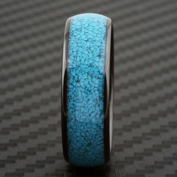 Lustrous Polished Black Tungsten Ring with Charming Crushed Turquoise Inlay.