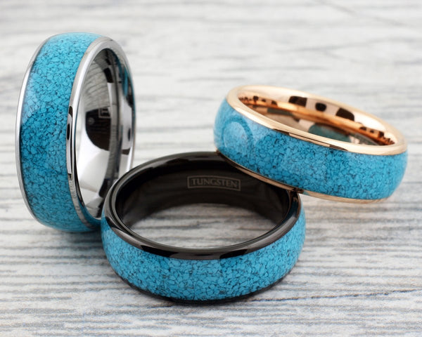 Lustrous Polished Black Tungsten Ring with Charming Crushed Turquoise Inlay.