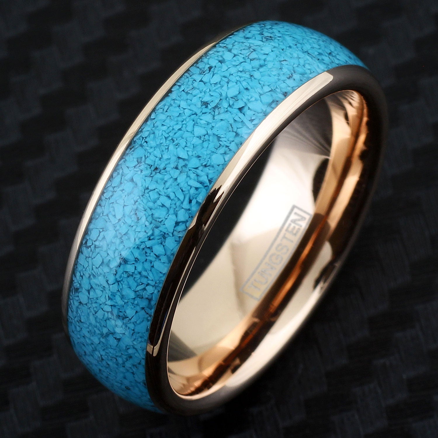 Brilliant Polished Rose Gold Tungsten Ring with Charming Crushed Turquoise  Inlay.