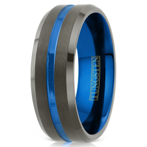 Brilliant Gunmetal Gray Tungsten Band Ring with Deep Blue Stripe, Blue Inner Band, and Beveled Edges.