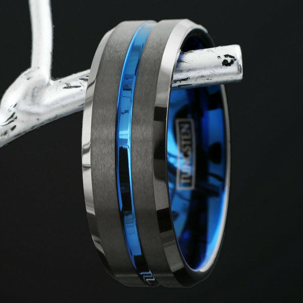 Brilliant Gunmetal Gray Tungsten Band Ring with Deep Blue Stripe, Blue Inner Band, and Beveled Edges.