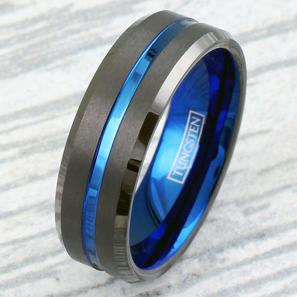 Brilliant Gunmetal Gray Tungsten Band Ring with Deep Blue Stripe, Blue Inner Band, and Beveled Edges.