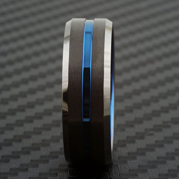 Brilliant Gunmetal Gray Tungsten Band Ring with Deep Blue Stripe, Blue Inner Band, and Beveled Edges.
