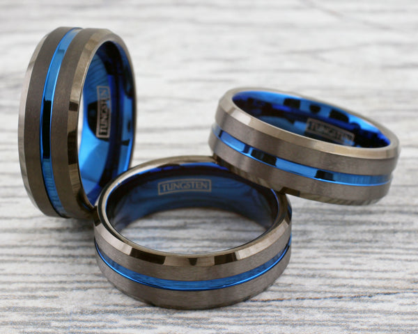 Brilliant Gunmetal Gray Tungsten Band Ring with Deep Blue Stripe, Blue Inner Band, and Beveled Edges.