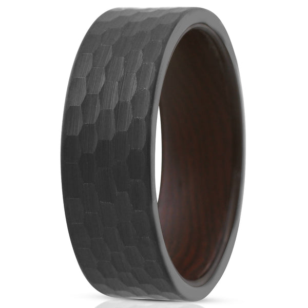 Black Brushed Hammered Hexagonal Finish 8mm Flat Band Tungsten Carbide Band Ring with Snakewood Inner Band Sleeve.