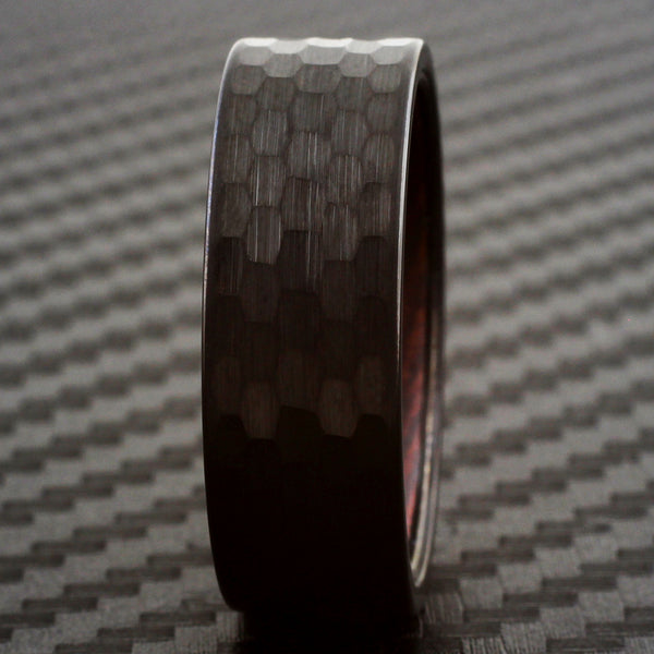 Black Brushed Hammered Hexagonal Finish 8mm Flat Band Tungsten Carbide Band Ring with Snakewood Inner Band Sleeve.