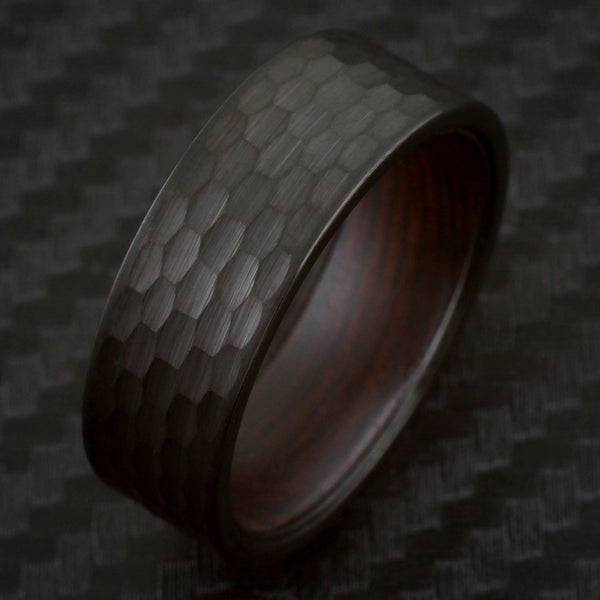 Black Brushed Hammered Hexagonal Finish 8mm Flat Band Tungsten Carbide Band Ring with Snakewood Inner Band Sleeve.