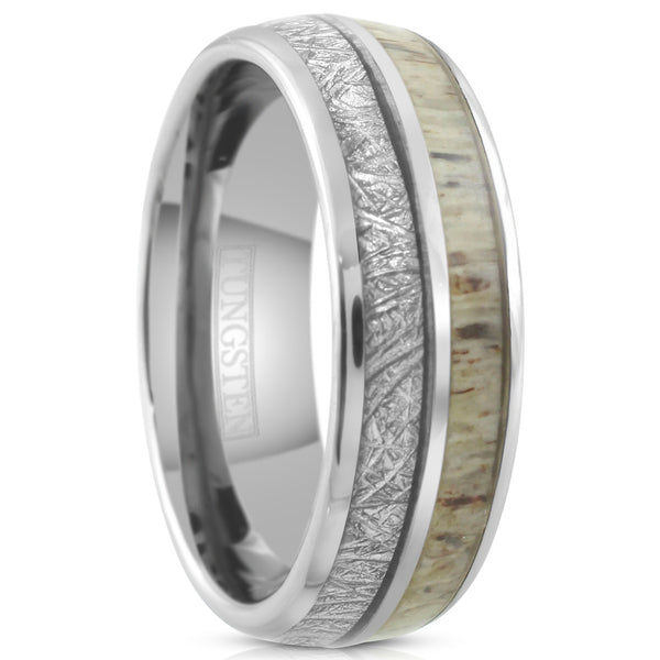 Elegant 8mm Polished Silver Tungsten Dome Ring w/ Faux Meteorite and Speckled White Deer Antler Inlays.