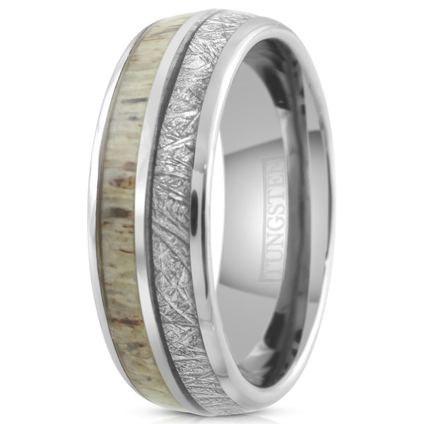 Elegant 8mm Polished Silver Tungsten Dome Ring w/ Faux Meteorite and Speckled White Deer Antler Inlays.