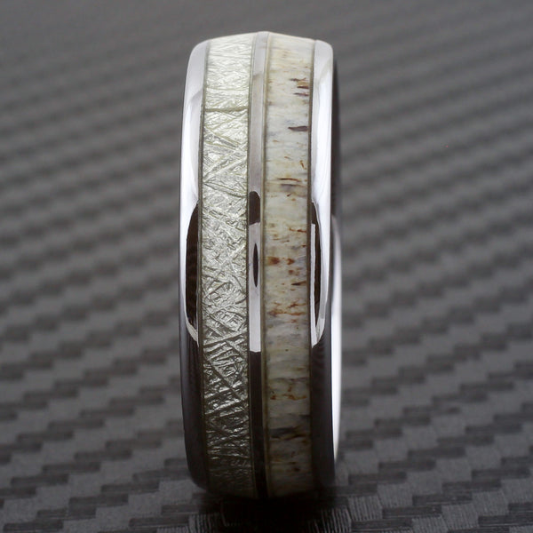 Elegant 8mm Polished Silver Tungsten Dome Ring w/ Faux Meteorite and Speckled White Deer Antler Inlays.