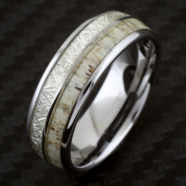 Elegant 8mm Polished Silver Tungsten Dome Ring w/ Faux Meteorite and Speckled White Deer Antler Inlays.