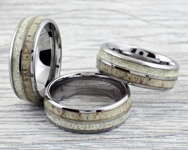 Elegant 8mm Polished Silver Tungsten Dome Ring w/ Faux Meteorite and Speckled White Deer Antler Inlays.