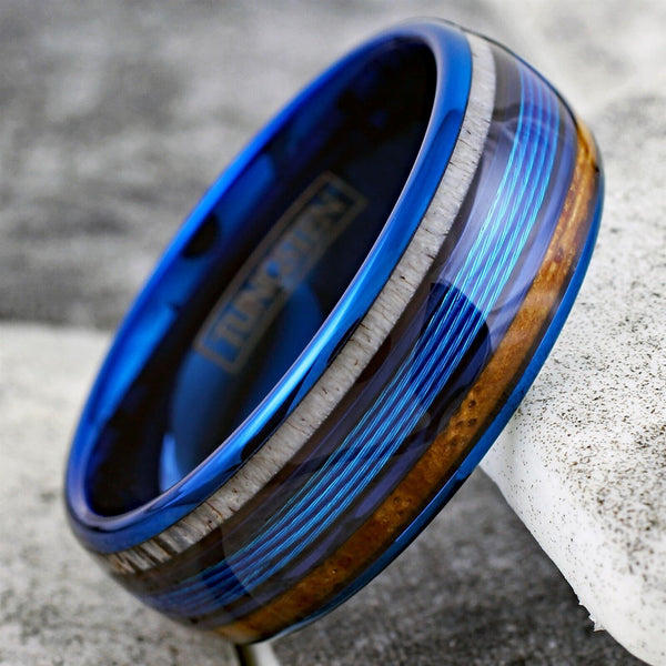 Gorgeous Polished Royal Blue Tungsten Low Dome Ring with Brilliant Blue Real Fishing Line Between Whiskey Barrel Oak Wood and Deer Antler Inlays.