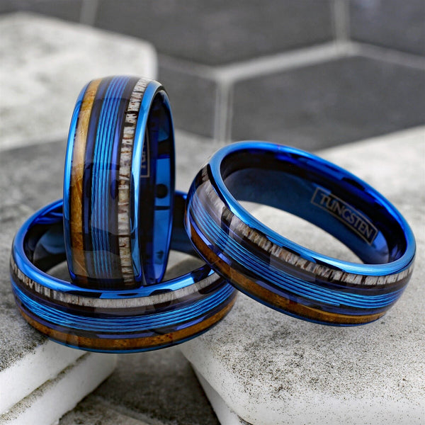 Gorgeous Polished Royal Blue Tungsten Low Dome Ring with Brilliant Blue Real Fishing Line Between Whiskey Barrel Oak Wood and Deer Antler Inlays.