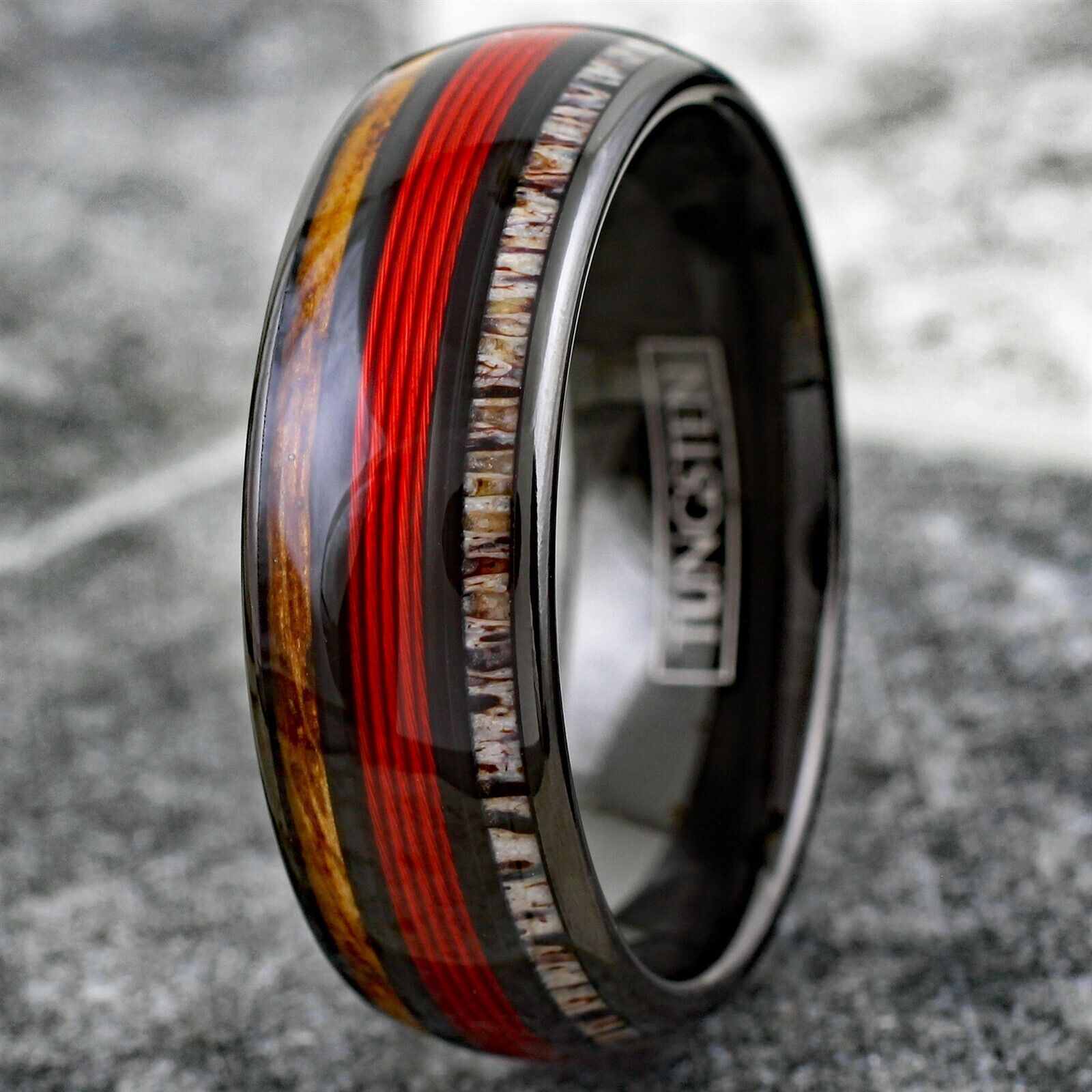 Stunning Magnificent Polished Black Tungsten Low Dome Ring with Ravishing  Red Real Fishing Line Between Whiskey Barrel Oak Wood and Deer Antler