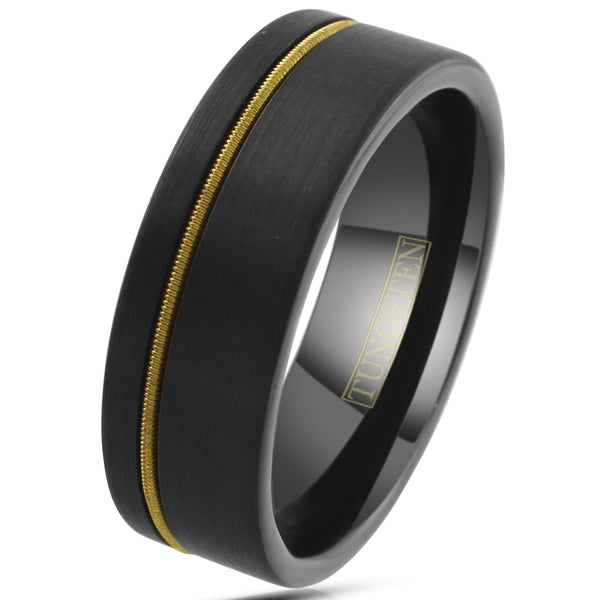 Awesome Brushed Finish Black Tungsten Flat Band Ring with Cool Off-Center Genuine Guitar String Inlay.