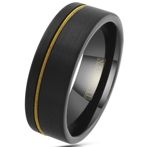 Awesome Brushed Finish Black Tungsten Flat Band Ring with Cool Off-Center Genuine Guitar String Inlay.