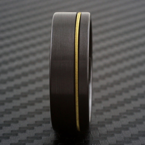 Awesome Brushed Finish Black Tungsten Flat Band Ring with Cool Off-Center Genuine Guitar String Inlay.