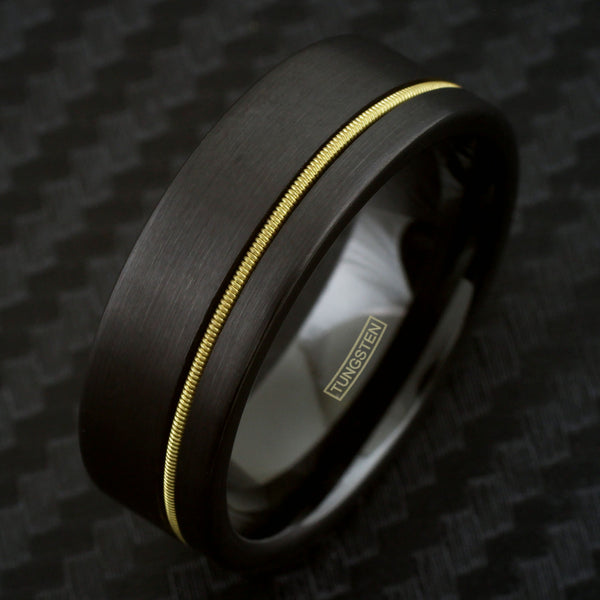 Awesome Brushed Finish Black Tungsten Flat Band Ring with Cool Off-Center Genuine Guitar String Inlay.