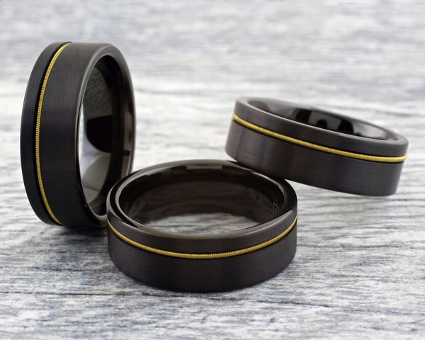 Awesome Brushed Finish Black Tungsten Flat Band Ring with Cool Off-Center Genuine Guitar String Inlay.