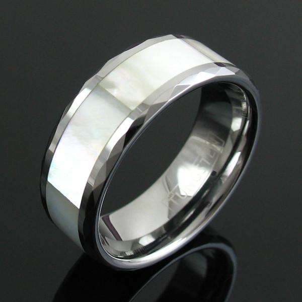 Silver tungsten ring | Mother of pearl inlay | Wholesale Tungsten Rings | Tungsten Wedding Bands | Main photo.