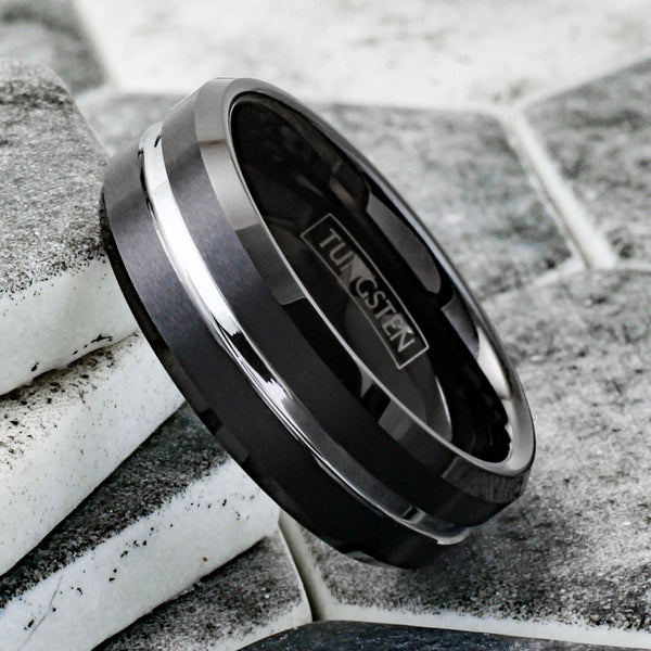 Exquisitely Modern Black Tungsten Ring in Brushed Finish with Silver Stripe Channel on Chamfered Edges