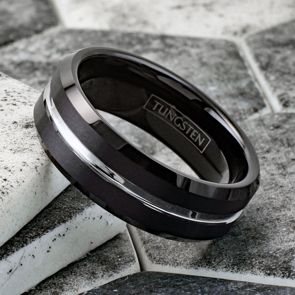 Exquisitely Modern Black Tungsten Ring in Brushed Finish with Silver Stripe Channel on Chamfered Edges