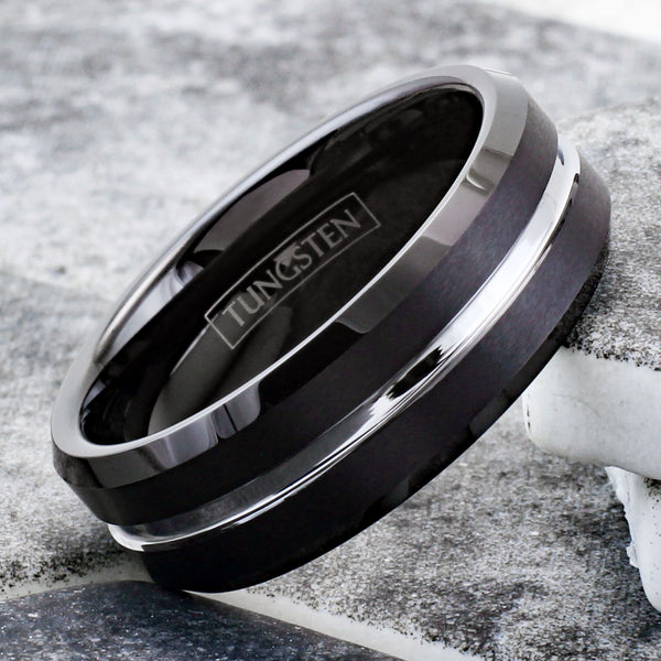 Exquisitely Modern Black Tungsten Ring in Brushed Finish with Silver Stripe Channel on Chamfered Edges