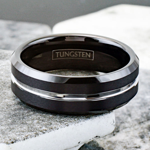 Exquisitely Modern Black Tungsten Ring in Brushed Finish with Silver Stripe Channel on Chamfered Edges
