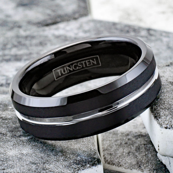 Exquisitely Modern Black Tungsten Ring in Brushed Finish with Silver Stripe Channel on Chamfered Edges