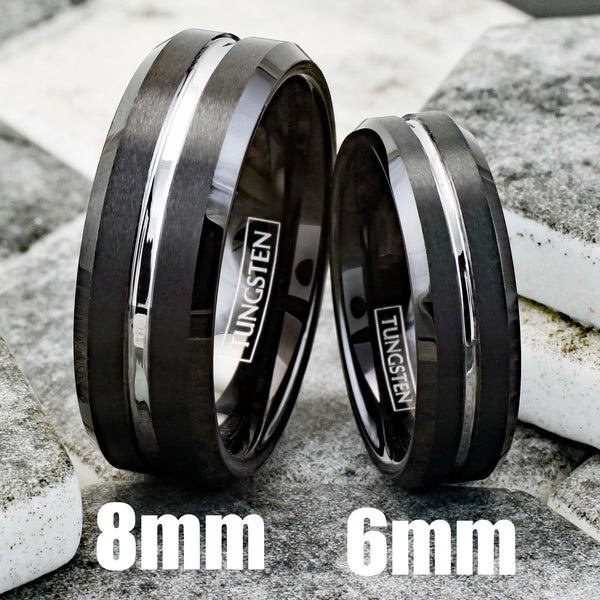 Exquisitely Modern Black Tungsten Ring in Brushed Finish with Silver Stripe Channel on Chamfered Edges