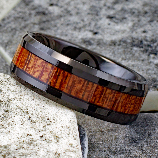 Unique and Contemporary Black Tungsten Carbide Band Ring with Brown Sandalwood Inlay.