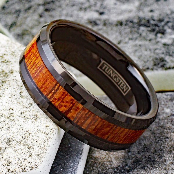 Unique and Contemporary Black Tungsten Carbide Band Ring with Brown Sandalwood Inlay.