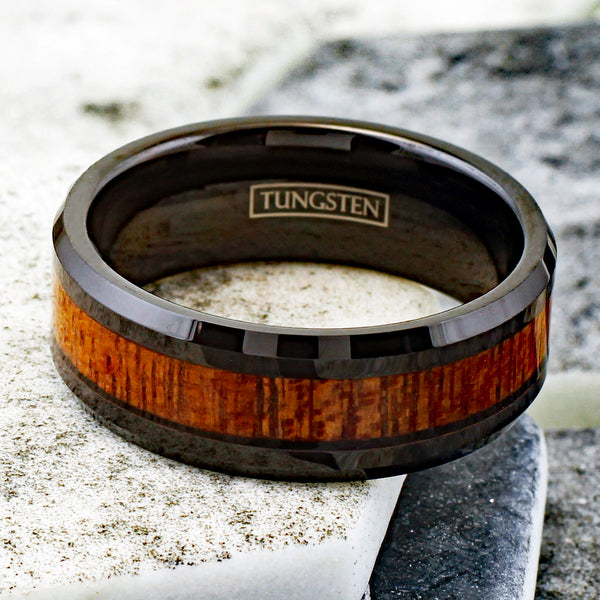 Unique and Contemporary Black Tungsten Carbide Band Ring with Brown Sandalwood Inlay.