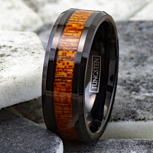 Unique and Contemporary Black Tungsten Carbide Band Ring with Brown Sandalwood Inlay.