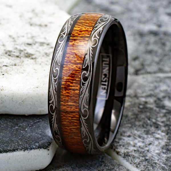 Delightful Black Tungsten Ring with Wood Grain Inlay and Gold Leaf Edge Accent